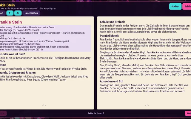 Ein aufgeschlagenes Buch „Wer ist wer an der Monster High“ mit dem Steckbrief von Frankie Stein