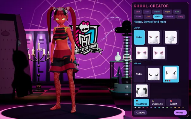 Eine rote Teufelin mit Hörnern in einem schwarz-roten Outfit im Creator