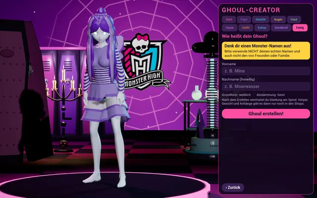 Eine Geisterfee in Lila im Creator, rechts das Feld für den Namen und der Knopf „Ghoul erstellen!“