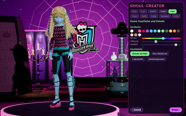 Ein blaues Meermonster mit blonden Locken im Creator, rechts Hautfarben und Hautdetails wie Kiemen am Hals