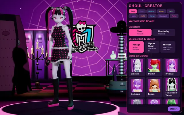 Der Ghoul-Creator: eine Vampirin im Tupfenkleid auf der Bühne, rechts die Auswahl der Vorlagen wie Banshee, Drachin und Dreiauge