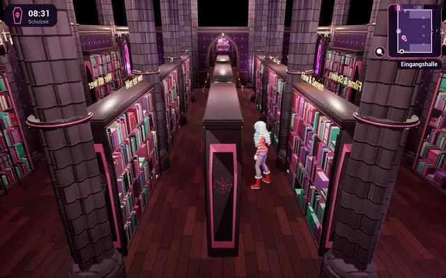 Die Bibliothek mit hohen Bücherregalen und einem Lesepult in der Mitte