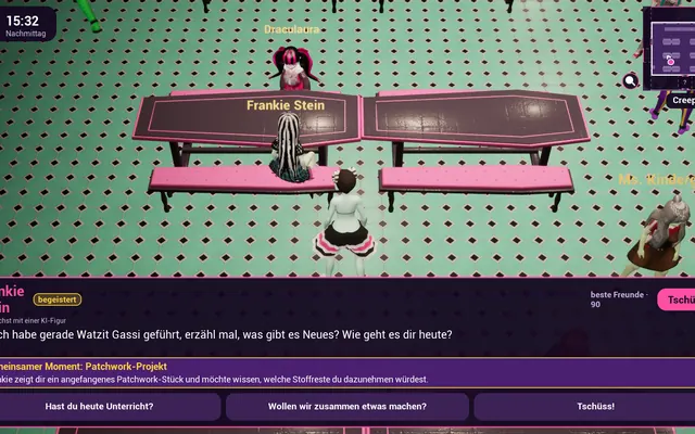 Gespräch mit Frankie Stein in der Creepateria mit dem Hinweis „Du sprichst mit einer KI-Figur“ und drei Antwortvorschlägen