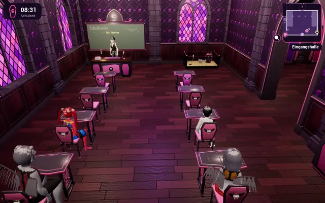Das Klassenzimmer mit Pulten und einem Buntglasfenster; vorne steht die Lehrkraft an der Tafel