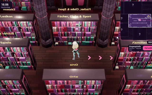 Der Ghoul steht in der Bibliothek, oben rechts die vergrößerte Minimap mit Pfeilen zum Ziel Eingangshalle