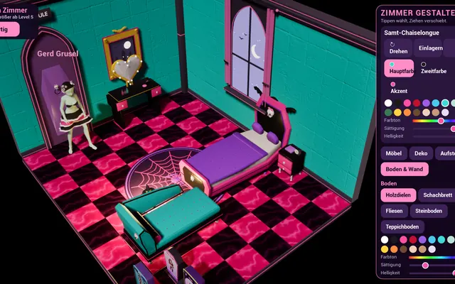 Das Zimmer mit türkisen Wänden und pink-schwarzem Schachbrettboden, rechts die Auswahl von Boden, Wand und Farben